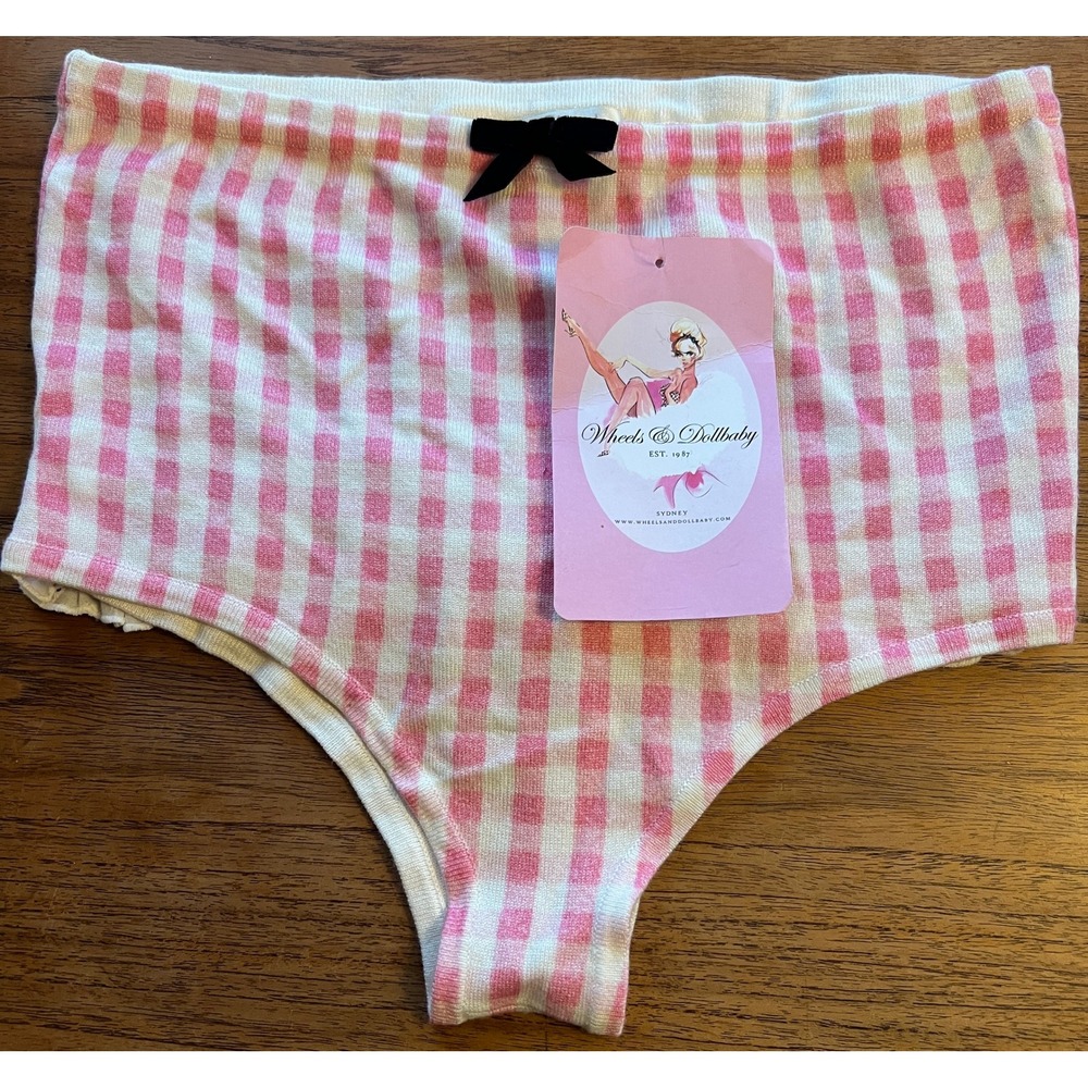 Wheels & Dollbaby Pink Gingham Knit Ruffle Back High Waist Briefs Panties NWT 8